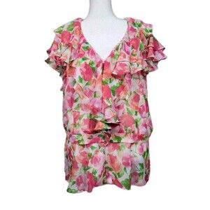 Jones New York Floral Print Ruffled Chiffon Blouse Womens XL Spring Fairy Flowy
